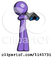 Purple Design Mascot Man Holding Binoculars Ready To Look Right