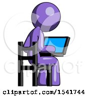 Purple Design Mascot Woman Using Laptop Computer While Sitting In Chair View From Back
