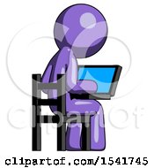 Purple Design Mascot Man Using Laptop Computer While Sitting In Chair View From Back