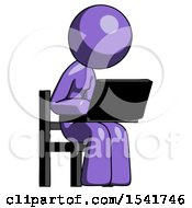 Purple Design Mascot Woman Using Laptop Computer While Sitting In Chair Angled Right