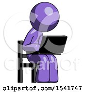 Purple Design Mascot Man Using Laptop Computer While Sitting In Chair Angled Right