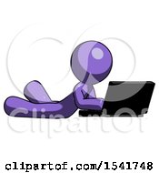 Poster, Art Print Of Purple Design Mascot Man Using Laptop Computer While Lying On Floor Side Angled View