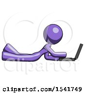 Purple Design Mascot Woman Using Laptop Computer While Lying On Floor Side View
