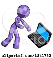 Purple Design Mascot Woman Throwing Laptop Computer In Frustration