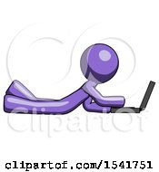 Purple Design Mascot Man Using Laptop Computer While Lying On Floor Side View