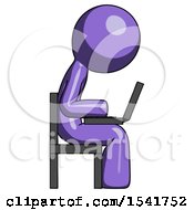 Poster, Art Print Of Purple Design Mascot Man Using Laptop Computer While Sitting In Chair View From Side