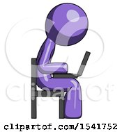 Purple Design Mascot Man Using Laptop Computer While Sitting In Chair View From Side