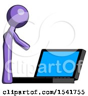 Purple Design Mascot Man Using Large Laptop Computer Side Orthographic View