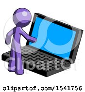 Purple Design Mascot Man Using Large Laptop Computer