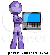 Poster, Art Print Of Purple Design Mascot Man Holding Laptop Computer Presenting Something On Screen