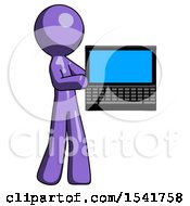 Purple Design Mascot Man Holding Laptop Computer Presenting Something On Screen