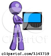 Purple Design Mascot Woman Holding Laptop Computer Presenting Something On Screen
