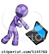 Purple Design Mascot Man Throwing Laptop Computer In Frustration