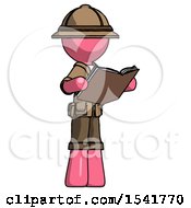Poster, Art Print Of Pink Explorer Ranger Man Reading Book While Standing Up Facing Away