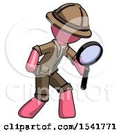 Poster, Art Print Of Pink Explorer Ranger Man Inspecting With Large Magnifying Glass Right