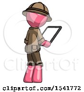 Poster, Art Print Of Pink Explorer Ranger Man Looking At Tablet Device Computer Facing Away