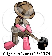 Poster, Art Print Of Pink Explorer Ranger Man Hitting With Sledgehammer Or Smashing Something At Angle