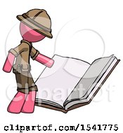 Pink Explorer Ranger Man Reading Big Book While Standing Beside It