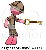 Poster, Art Print Of Pink Explorer Ranger Man With Big Key Of Gold Opening Something