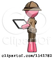 Poster, Art Print Of Pink Explorer Ranger Man Looking At Tablet Device Computer With Back To Viewer