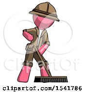Poster, Art Print Of Pink Explorer Ranger Man Cleaning Services Janitor Sweeping Floor With Push Broom