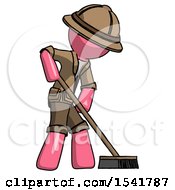 Poster, Art Print Of Pink Explorer Ranger Man Cleaning Services Janitor Sweeping Side View