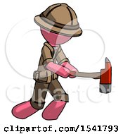 Poster, Art Print Of Pink Explorer Ranger Man With Ax Hitting Striking Or Chopping