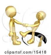 Unsuspecting Gold Man Shaking Hands On A Deal With Another Man As A Saw Cuts A Circle Out From Under Him And He Slips