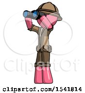 Poster, Art Print Of Pink Explorer Ranger Man Looking Through Binoculars To The Left
