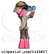 Poster, Art Print Of Pink Explorer Ranger Man Looking Through Binoculars To The Right