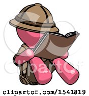 Pink Explorer Ranger Man Reading Book While Sitting Down