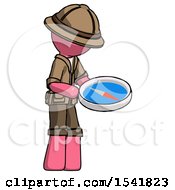 Poster, Art Print Of Pink Explorer Ranger Man Looking At Large Compass Facing Right