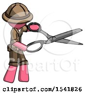 Poster, Art Print Of Pink Explorer Ranger Man Holding Giant Scissors Cutting Out Something