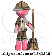 Pink Explorer Ranger Man Standing With Broom Cleaning Services