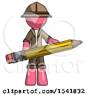 Pink Explorer Ranger Man Writer Or Blogger Holding Large Pencil