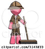 Pink Explorer Ranger Man Standing With Industrial Broom