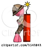 Poster, Art Print Of Pink Explorer Ranger Man Leaning Against Dynimate Large Stick Ready To Blow