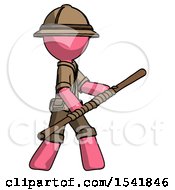 Poster, Art Print Of Pink Explorer Ranger Man Holding Bo Staff In Sideways Defense Pose