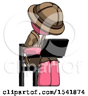 Poster, Art Print Of Pink Explorer Ranger Man Using Laptop Computer While Sitting In Chair Angled Right