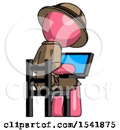 Poster, Art Print Of Pink Explorer Ranger Man Using Laptop Computer While Sitting In Chair View From Back