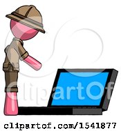 Poster, Art Print Of Pink Explorer Ranger Man Using Large Laptop Computer Side Orthographic View