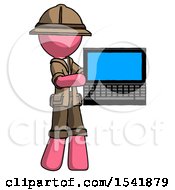 Pink Explorer Ranger Man Holding Laptop Computer Presenting Something On Screen