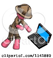 Poster, Art Print Of Pink Explorer Ranger Man Throwing Laptop Computer In Frustration