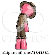 Poster, Art Print Of Pink Explorer Ranger Man Depressed With Head Down Back To Viewer Right