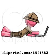 Poster, Art Print Of Pink Explorer Ranger Man Using Laptop Computer While Lying On Floor Side View