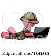 Poster, Art Print Of Pink Explorer Ranger Man Using Laptop Computer While Lying On Floor Side Angled View