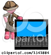 Pink Explorer Ranger Man Beside Large Laptop Computer Leaning Against It