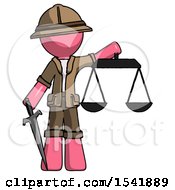 Poster, Art Print Of Pink Explorer Ranger Man Justice Concept With Scales And Sword Justicia Derived