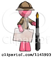 Poster, Art Print Of Pink Explorer Ranger Man Holding Large Envelope And Calligraphy Pen