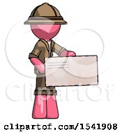 Poster, Art Print Of Pink Explorer Ranger Man Presenting Large Envelope